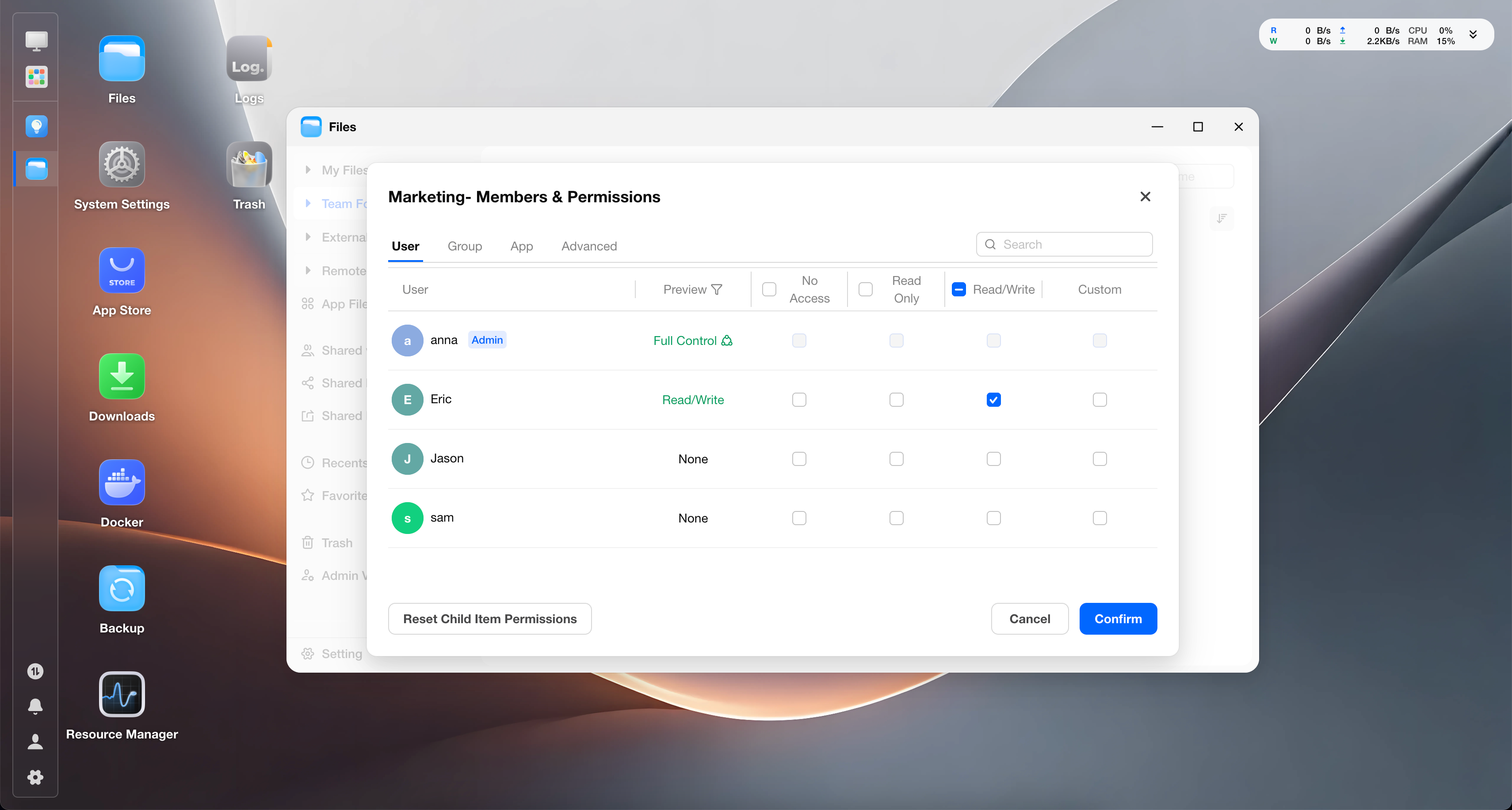 file management - How do file permissions work and how can I configure them? - Permission types and settings screenshot